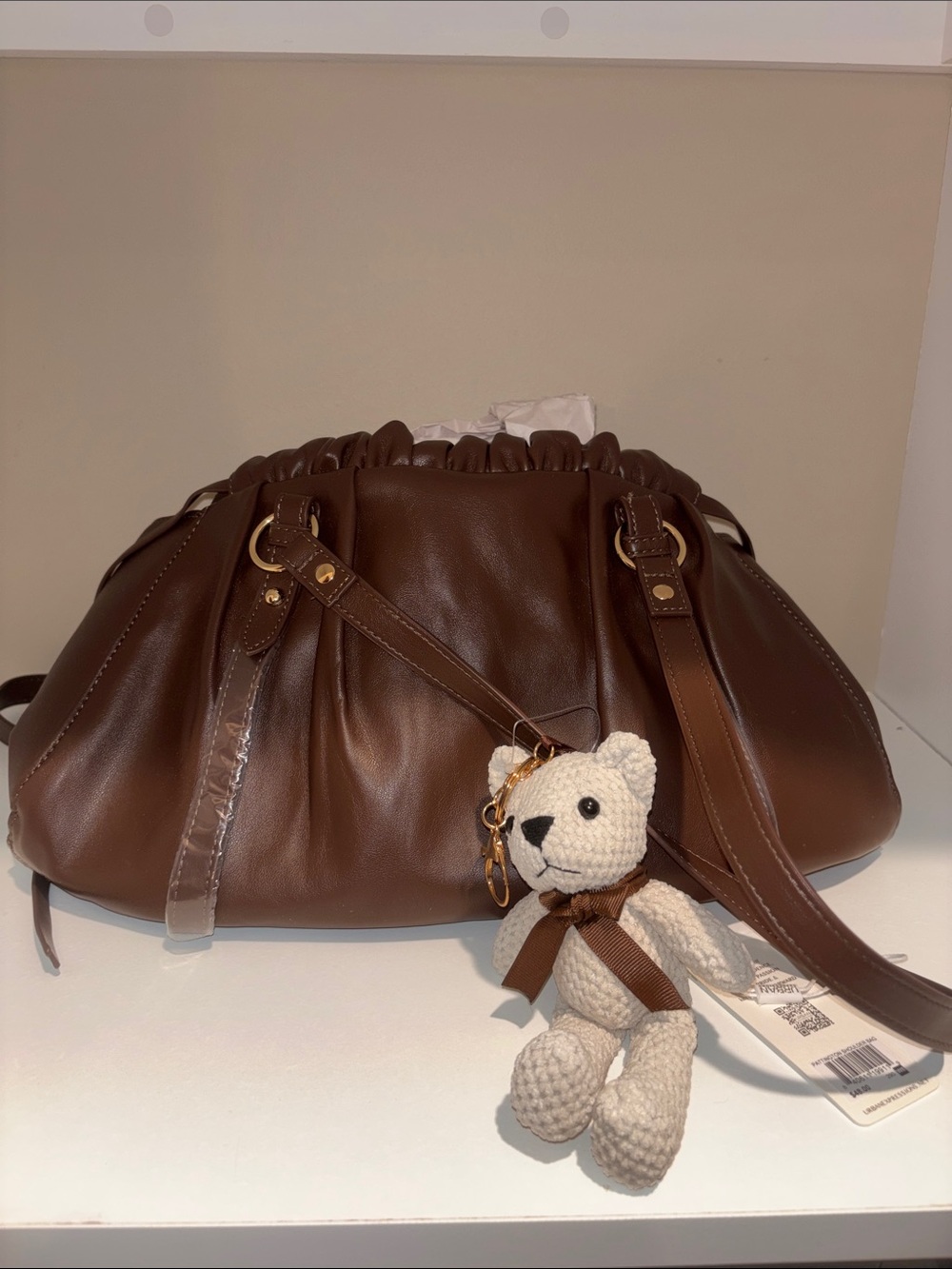 Urban Expressions Brown Leather Drawstring Shoulder Bag with Teddy Charm